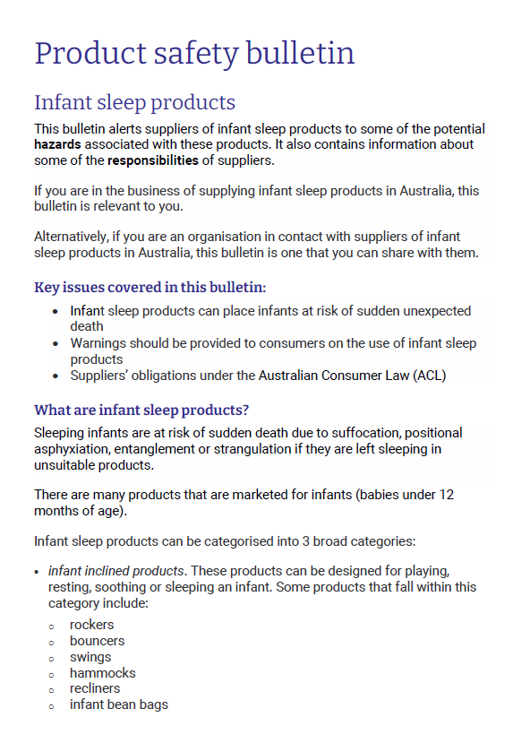 Infant sleep products - Product safety bulletin for suppliers