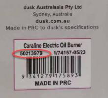 Coraline oil burner package to show barcode with model number