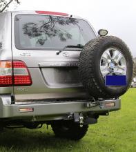 Example of a Kaymar rear wheel carrier fitted to the rear of a 4WD vehicle.