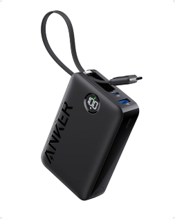 Anker power bank A1647 Black rectangular electronic device with small connection cable.