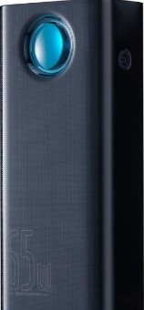 Baseus power bank 65W 30000 mAh (model number BS-30KP365) Rectangular black electrical device with blue circular light.