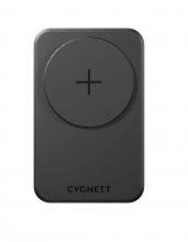 MagMove 5K Power Bank - Cygnett Pty Ltd Rectangular black electronic device with a circle and plus sign. The word cygnett is on the bottom edge.