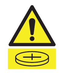 The internationally recognised alert symbol of a yellow triangle with an exclamation mark, stacked above an image of a battery.