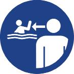 Round icon in blue showing a person supervising a child in the pool.