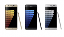 Three Samsung Galaxy Note7 devices with styluses