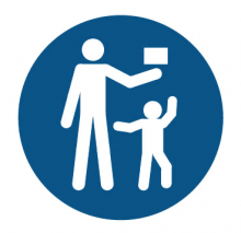 A blue disc showing an adult holding up a box, and a child reaching for it.