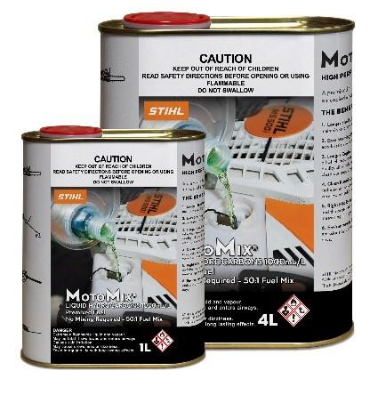 Stihl-branded 4L and 1L tins of MotoMix