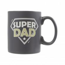 Black mug with "Super Dad" printed on it