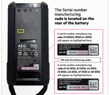 photograph of AEG battery with serial number