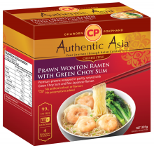 Photograph of product packaging for CP Authentic Asia Prawn Wonton Ramen with Green Choy Sum