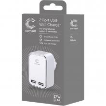 photograph of Comsol dual port USB wall charger 3.4A/17W - white - front of packaging