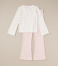 Photograph of cotton rib pyjama set, cream with heart print