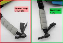 photograph of non-compliant strap end and compliant sewn strap end