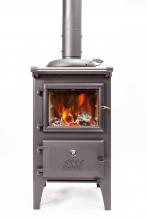 Cast iron stove with one transparent door and one cast iron door and chimney