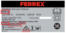 Photograph of Ferrex 1200 W 16 L Wet and Dry Vacuum identification label