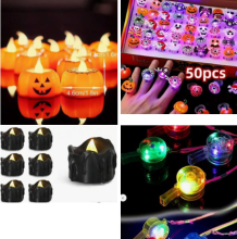Halloween novelty rings, candles, and whistles