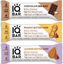 Photograph of IQ Bar Chocolate Sea Salt 45g, IQ Bar Peanut Butter Chip 45g and IQ Bar Almond Butter Chip flavours 45g
