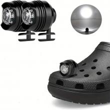 Black croc headlights, including an image of them mounted on the shoes and a picture of the light's beam