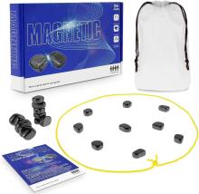 Magnetic chess game showing 20 irregular shaped magnets, string and drawbag