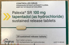 Photograph of Palexia SR 100mg tapentadol sustained release tablets front label