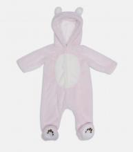 Pink children's bunnysuit with white tummy and brown paw prints