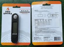 Photograph of the front and back packaging of the ProSmoke meat thermometer