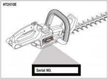Demonstrates the location of the serial number on the hedge trimmer's body