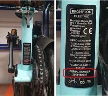 Photograph of Brompton Electric Bike serial number location