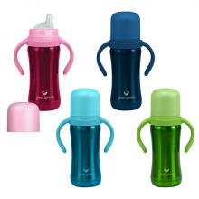 Photograph of Green Sprouts stainless-steel sippy cups in pink, navy, aqua and green