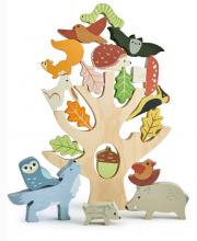 Wooden stacking tree with 19 animals and leaves