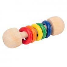 Photograph of wooden rattle with coloured rings