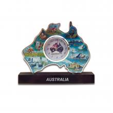 Ocean-themed Australia-shaped clock with various Australiana images