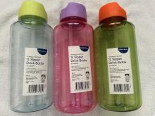 1L sipper drink bottles, with time markings on the sides, in blue/green, pink/purple, and green/orange