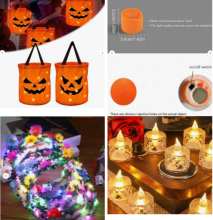 Light up Halloween basket, Christmas candles, and light-up flower garlands