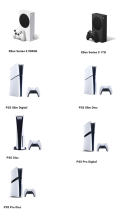 photo collage -XBox Series S 500GB, XBox Series S 1TB, PS5 Slim Digital, PS5 Slim Disc, PS5 Disc, PS5 Pro Digital and PS5 Pro Disc